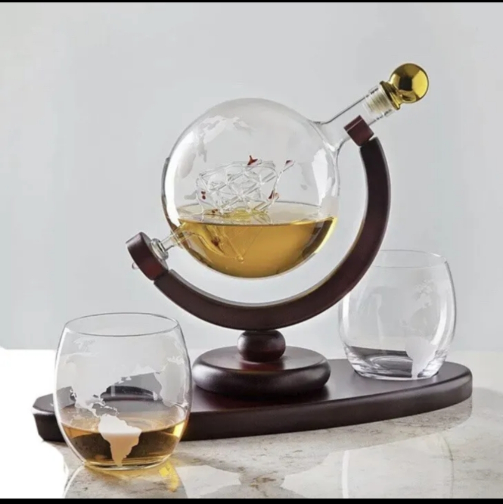 Godinger Galleon Glass Ship Sculpture Whiskey Decanter Set 4 Globe Tumblers NEW